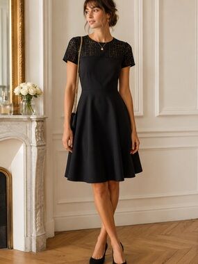 French Girl Black Eyelet Fit & Flare Dress Size 6 Parisian Chic